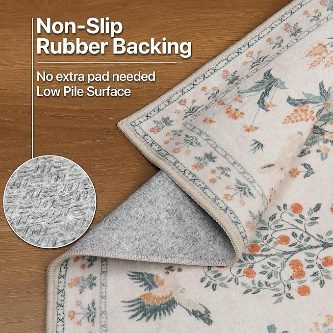 Runner Rug Non Slip 2'6''x 8', Floral Animal Print Rug Machine Washable Rug, Non Slip Low Pile Hallway Runner Carpet for Kitchen, Laundry, Bedroom, Bathroom, Beige