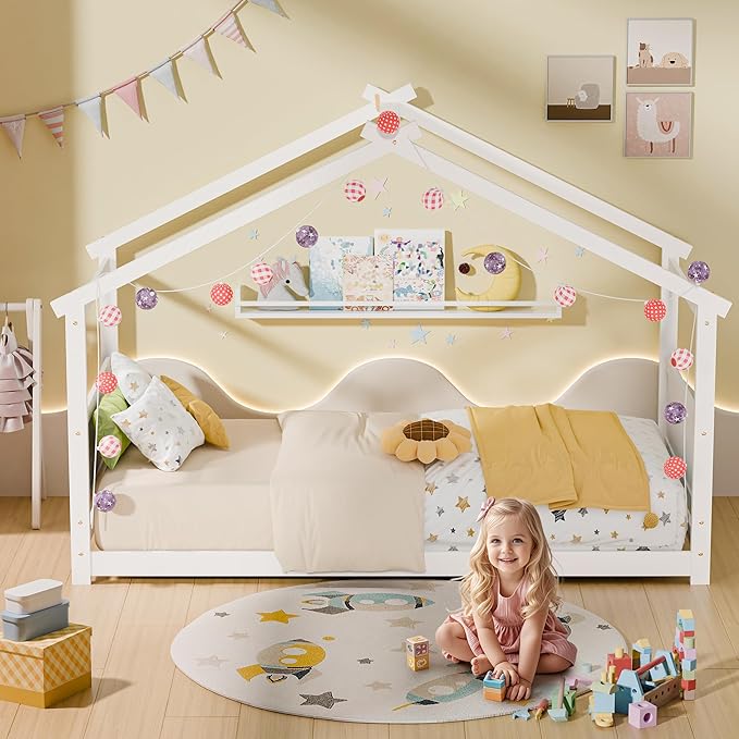 Twin House Bed, Montessori Floor Bed with Headboard & Footboard, Solid Wood Bed Frame for Toddlers Teens Bedroom, No Box Spring Needed, White