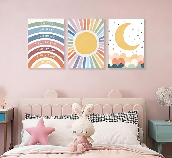 KBIERQN 3Pcs Boho Sun moon Canvas Wall Art Nursery Positive Affirmations Rainbow Poster Prints Bohemian Star Heart Picture for Toddler Baby Girls Room Playroom Bedroom Wall Decor 12x16in Framed