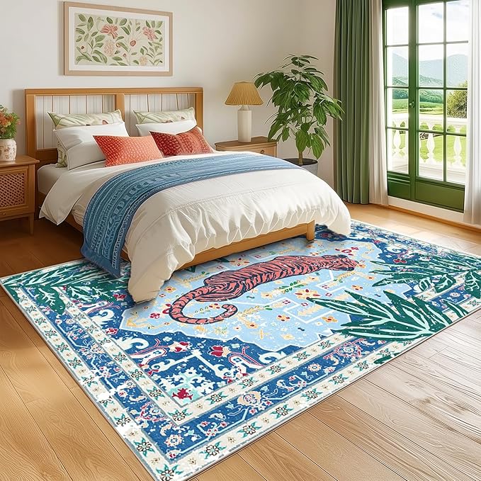 6x9 Washable Non-Slip Blue Tiger Rug for Living Room Bedroom Dining Room Neutral Vintage Tropical Jungle Animal Cheetah Print Rug Soft Cozy Whimsical Woodland Large Carpet for Boys Room Playroom