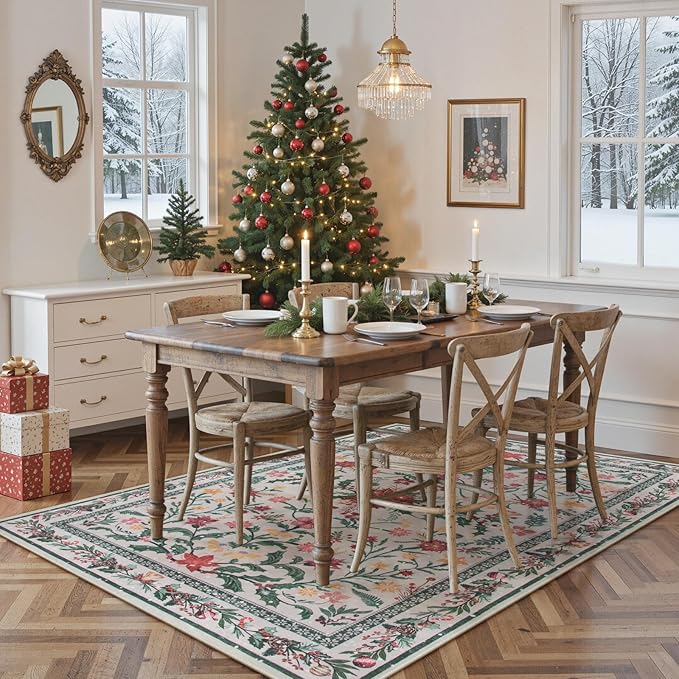Wonnitar Christmas Rugs for Living Room, Christmas Decor 5x7 Washable Area Rug, Ultra-Thin Red Floral Holly Print Holiday Xmas Decor Non Slip Winter Carpet for Kids Room Bedroom Dining Room