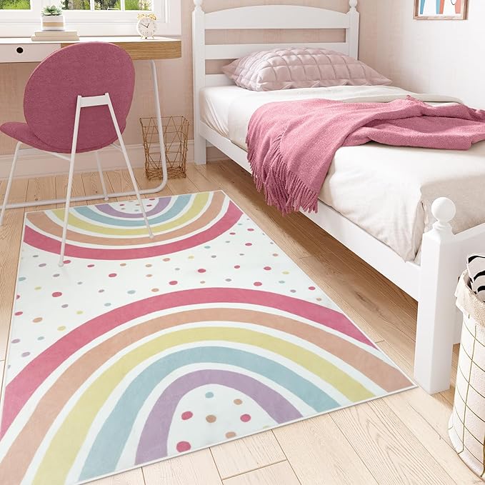 STARUIA Washable Rainbow Rug for Girl Nursery, Small Rug 3X 5 Colorful Area Rugs for Kids Bedroom, Non-Slip Soft Polka Dot Carpet Kids Rugs for Classroom Playroom Tent Castle