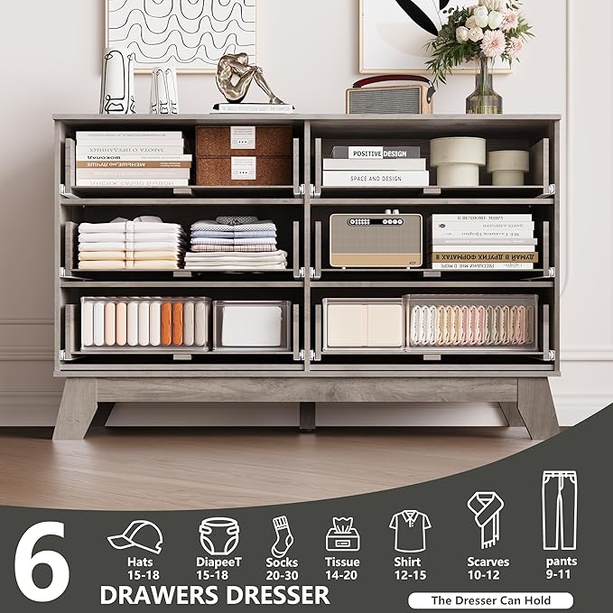 6 Drawer Dresser for Bedroom, Fluted Dressers Chest of Drawers with Gold Handle, Mid Century Modern Dresser for Closet, Wood Closet Storage Organizer Furniture for Bedroom, Living Room, Hallway, Grey