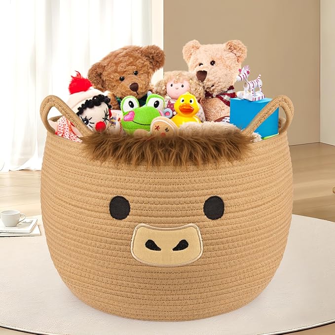 Highland Cute Cow Basket for Nursery, Large Blanket Gift Basket, Woven Rope Cotton Storage, Baby Laundry 0rganizer with Ears Handles, Towels Toy Clothes Gifts Storage Cat Dog Bin,13"D×11.5"H