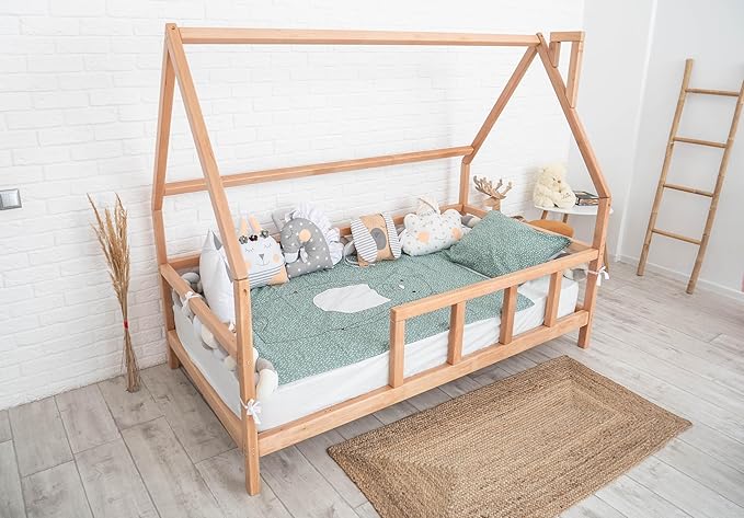 Montessori House Bed - Toddler Bed with Rails - Playpen Bed for Kids Girls & Boys - Busywood Montessori Floor Bed - Kids Bed with Slats - Small, Twin, Full, Queen, King - 7 Colors (Model 1)