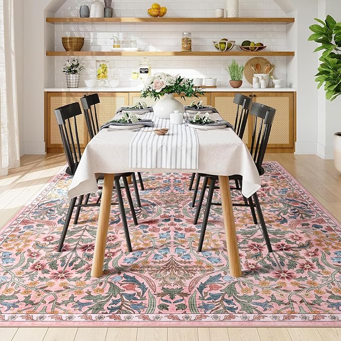 8x10 Washable Area Rug for Living Room, Floral Non-Slip Non-Shedding & Easy Care, Large Soft Low Pile Botanical Indoor Floor Carpet for Living Room, Bedroom, Dining Room, Kids Playroom, Nursery, Pink