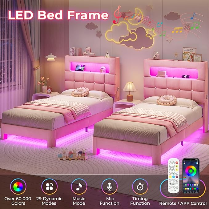 MSmask Twin Upholstered LED Bed Frame with 2-Tier Storage Bookcase Headboard, Velvet Princess Bed with Crystal Button Tufted Headboard & Charging Station, Girls Platform Bed, Curved Legs, Pink