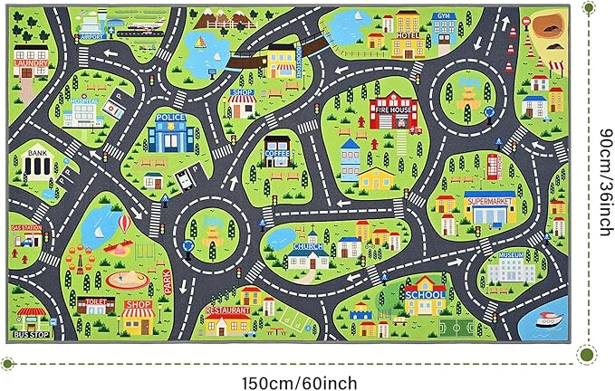 Kids Play Rugs - 36"x60" Learning and Fun City Road Map Play Mat for Playing with Cars Trucks Toys, Non-Slip Playmat for Nursery, Playroom Bedroom and Classroom, Machine Washable