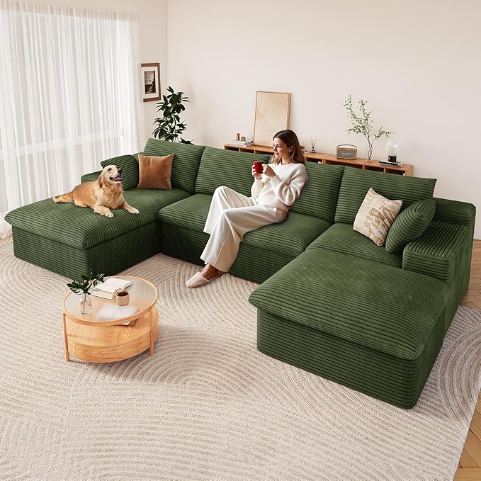 136" Cloud Modular Sectional Sofa with 1 Ottoman, Comfort U Shaped Sofa for Living Room, Deep Seat Boneless Couch, Modern Upholstered Corduroy Couches, No Assembly Required(Green,Left Facing Chaise)