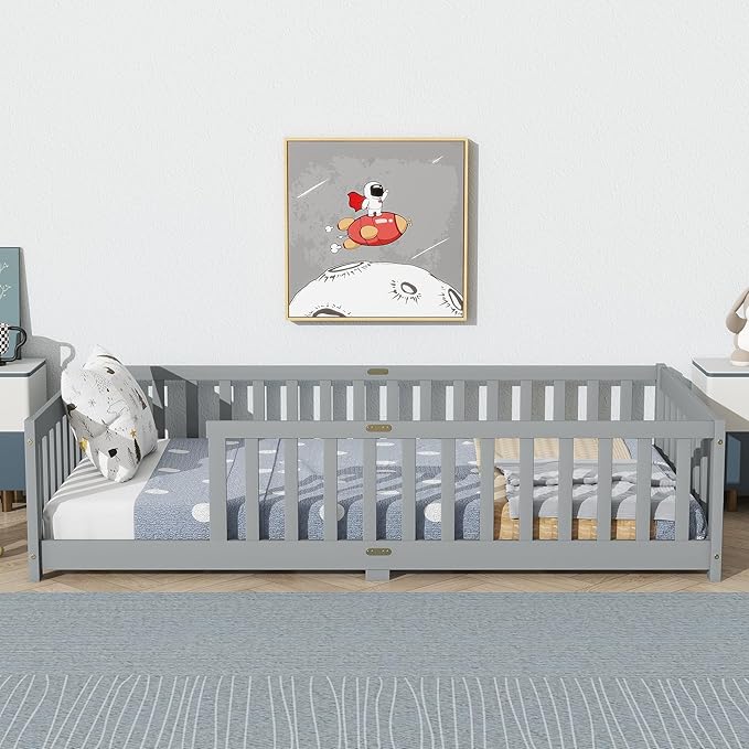Twin Size Montessori Floor Bed for Kids,Twin Floor Bed Frame with Slats,Solid Wood Twin Bed Frame for Girls Boys,Grey