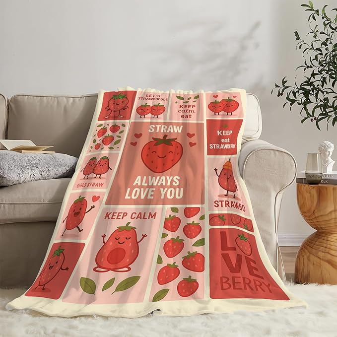 Cute Strawberry Blanket Funny Cartoon Berry Fruit Throw Blanket Soft Cozy Fleece Fuzzy Plush Warm Stuff Bedding Nursery Toddler Baby Blankets Gifts for Boys Girls Kids Adult Men Women 60"X80"
