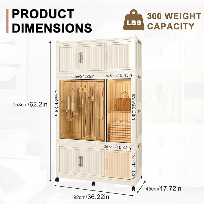 Portable Closet Wardrobe, Foldable Clothes Organizer with Cubby Storage, Hanging Rods, Easy Assemble Clothing Storage with Magnet Doors, Kids Wardrobe Cabinet