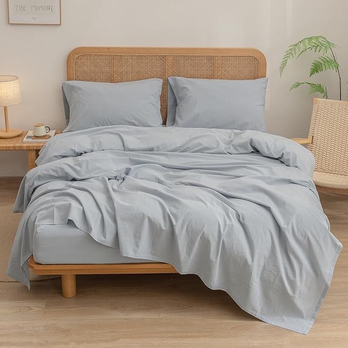 BESTOUCH Sheet Set 100% Washed Cotton Linen Feel Super Soft Comfortable Chic Lightweight 4 Pcs Home Bedding Set Solid Cornflower Blue Full