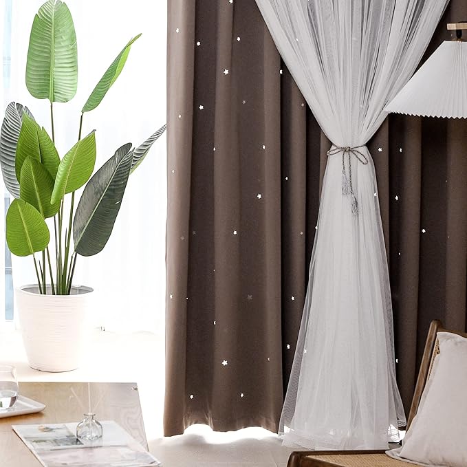 Kinryb Kids Blackout Curtains for Bedroom/Living Room/Classroom, Sheer Overlay 2 Free Tiebacks, Double Layer Curtains with Star Cutout for Kids Room(Each Piece W 70 x L 63 Inches 2 Pcs Coffe)