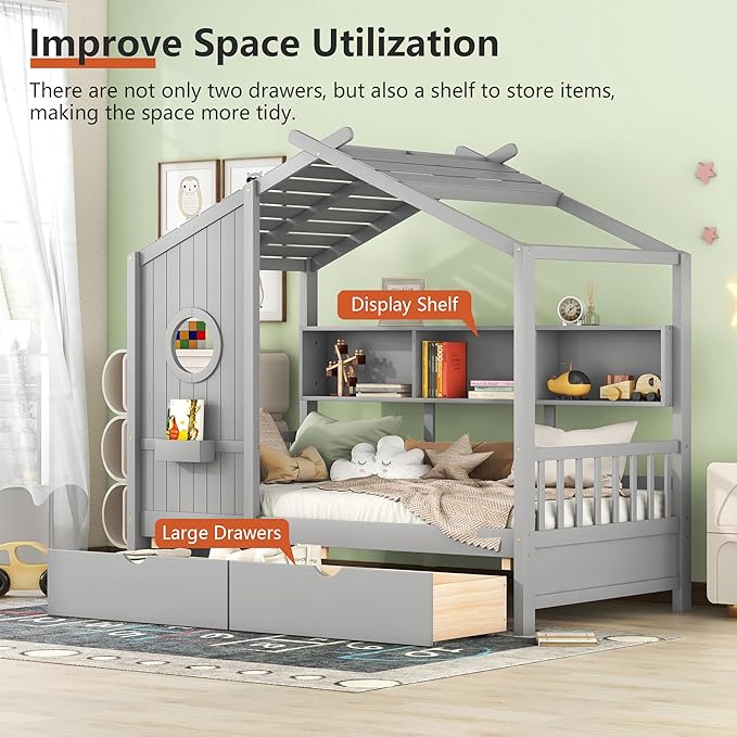 Twin Bed Frames for Kids, House Bed with Window and Fence, Wood Platform Bed Frame with Drawers and Shelves, Playhouse Bed for Boys Girls, Gray, 78" L x 42.7" W x 72" H