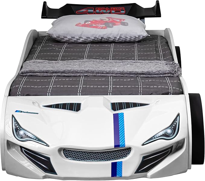 Furniture of America Redvers Modern Wood Twin-Size Kid Bed with Race Car Design and Pull-Out Trundle, No Box Spring Required for Toddler, Teens, Boys or Girls, White