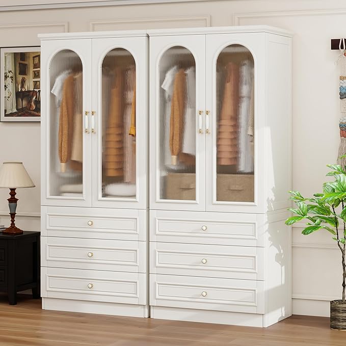 Solid Wood Wardrobe Closet:TemkTuek 70.87" Large Armoire,Clothing Storage Cabinet with Drawers,Doors,Hanging Railsand Shelves,Vintage Freestanding,Bedroom,White(19-19)