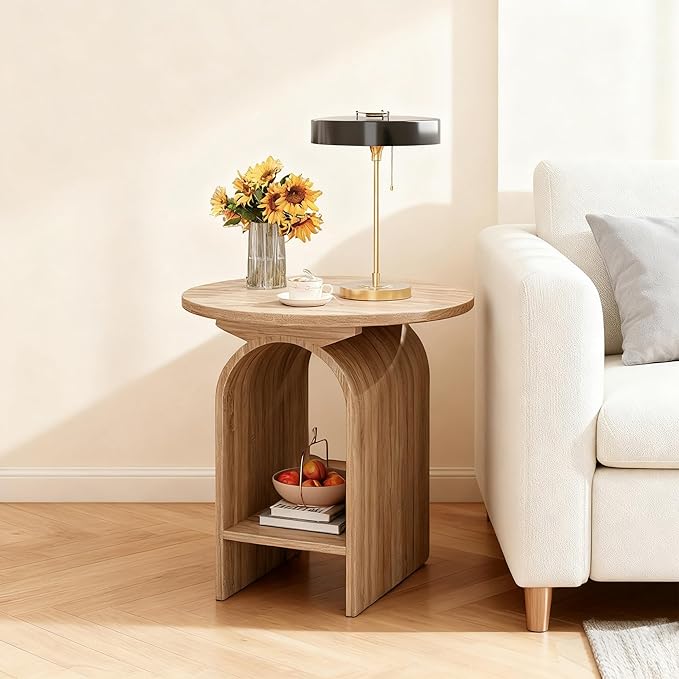 Modern Round Wooden Side Table Set of 2, Small Decorative Coffee Table Vintage Nightstand with Lower Open Shelf for Living Room, Bedroom Or Small Space, Natural X2