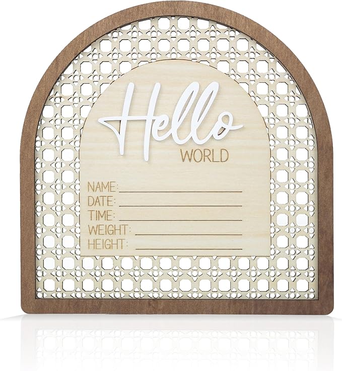 Baby Announcement Sign 6.5 Inch Wooden Hello World Newborn Welcome Sign Birth Name Plaques for Photo Props Shower Hospital Nursery (Rattan)