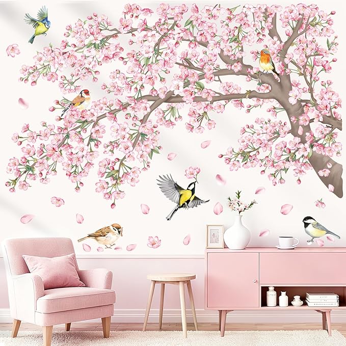 decalmile Large Cherry Blossom Tree Branch Wall Stickers Pink Floral Birds Wall Decals Baby Nursery Bedroom Living Room Home Decor