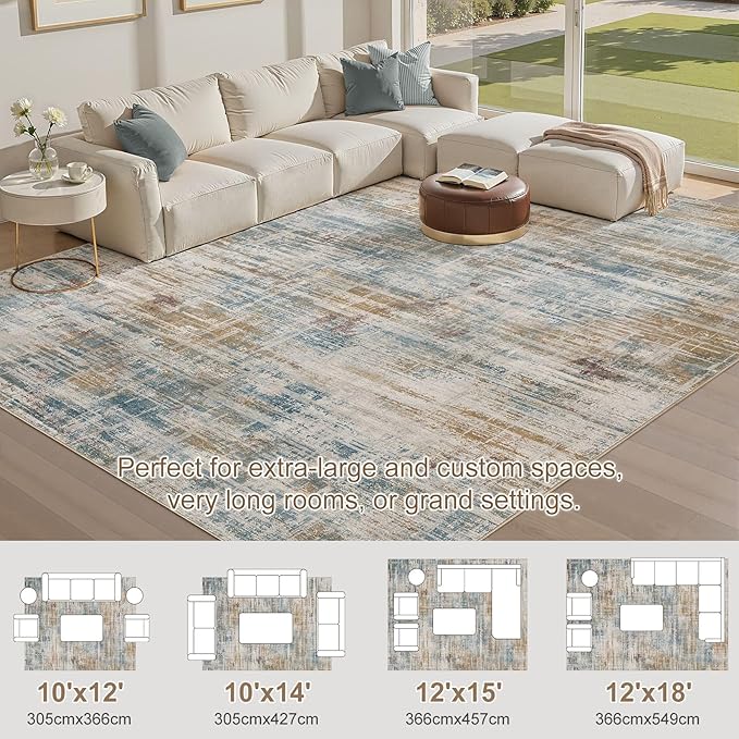 Area Rug for Living Room: 10x14 Washable Neutral Abstract Modern Soft Rugs Non Slip Indoor Floor Stain Resistant Large Carpet for Bedroom Dining Room Office Nursery - Blue Brown