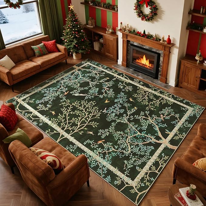 jinchan Yarden Botanical Birds 8x10 Moss Green Christmas Area Rugs for Living Room - Washable Non-Slip Soft Nature Plants Modern Kids Carpet,Vintage Low Pile Indoor Rug for Bedroom Nursery