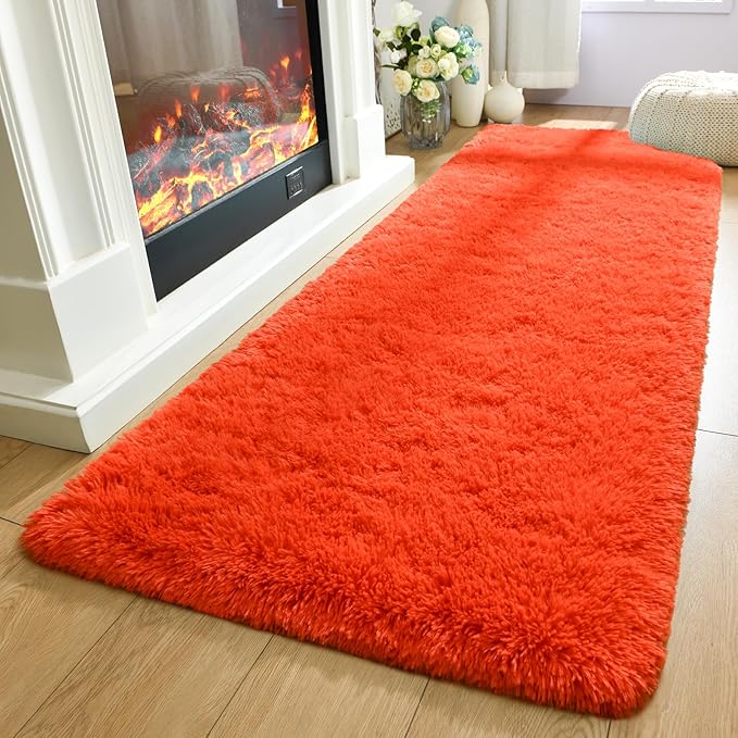 Merelax Soft Fluffy Rugs for Bedroom Living Room, 2x6 Hallway Runner Rugs, Furry Shag Bedside Area Rug Indoor Accent Floor Carpet, Plush Fuzzy Rug for Dorm Nursery Kids Room Decor, Orange Red