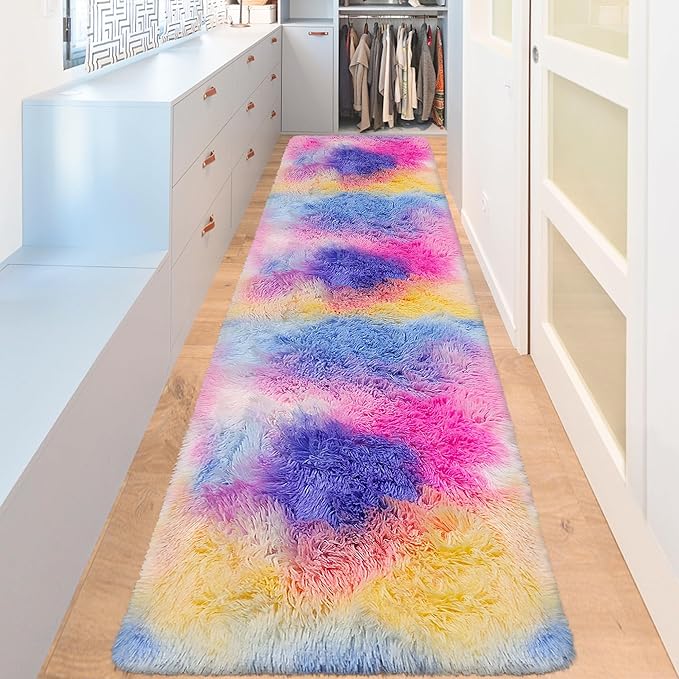 Soft Fluffy Pink Rainbow Rug for Girls Bedroom Carpet 2x8 Tie Dyed Shag Runner Fuzzy Bedside Kids Princess Rug for Girls Bedroom Living Room Hallway Nursery Kids Unicorn Home Decor