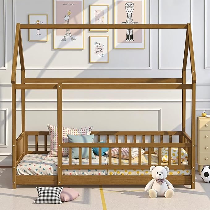 LLS Twin Size Montessori Floor Bed Frame with Slats and Fence, Wooden House Bed for Boys Girls Bedroom, Light Espresso