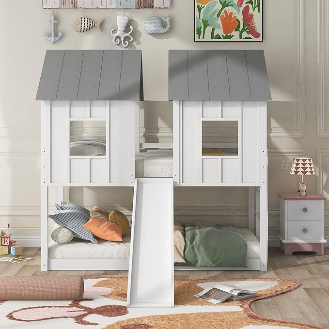 Twin Over Twin Wood House Bunk Bed with Slide and Windows, White