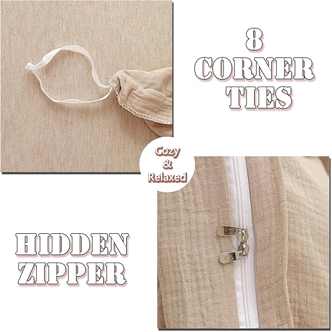 MorroMorn Muslin Duvet Cover Queen Size, 100% Breathable Cotton Comforter Cover Sets, Ultra Soft 2-Layer Gauze Duvet Cover Set 3 PCS with 2 Pillowcases, Lightweight Linen Like, 90"x90", Linen Beige