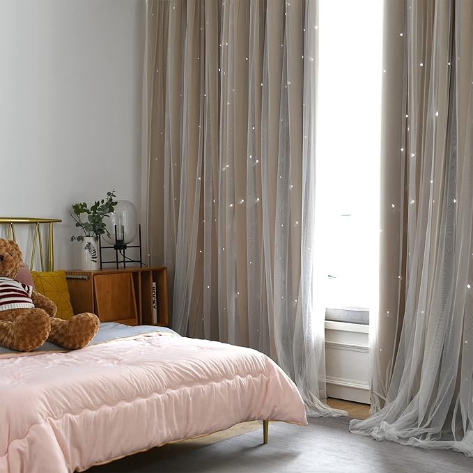 Kinryb Kids Blackout Curtains for Bedroom/Living Room/Classroom, Sheer Overlay 2 Panel Set, Double Layer Curtains with Star Cutout for Kids Room(Each Piece W 70 x L 72 Inches 2 Pcs Beige)