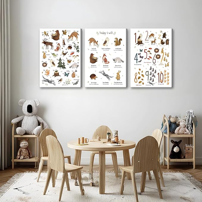 3Pcs Animal Alphabet Numbers Canvas Wall Art Classroom Nursery Painting Educational ABC Poster Prints Kids Playroom Picture Positive Affirmations Animal Wall Decor for Boy Girl Room 12x16in Framed
