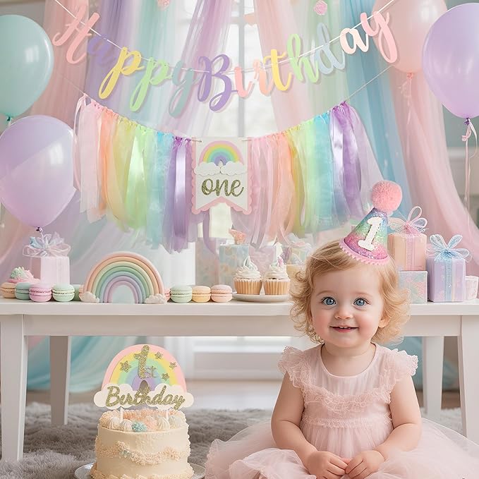 Macaron Pastel Rainbow High Chair Banner for 1st Birthday Decorations First One Birthday Party Girl with Cake Topper