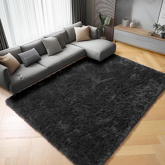 ONASAR Black Area Rugs for Living Room Bedroom, 5x8 Fluffy Shaggy Rug, Washable Soft Plush Large Indoor Floor Carpet for Nursery Kids Girls Boys Teen Dorm Bedside Playroom Home Office Decor Aesthetic