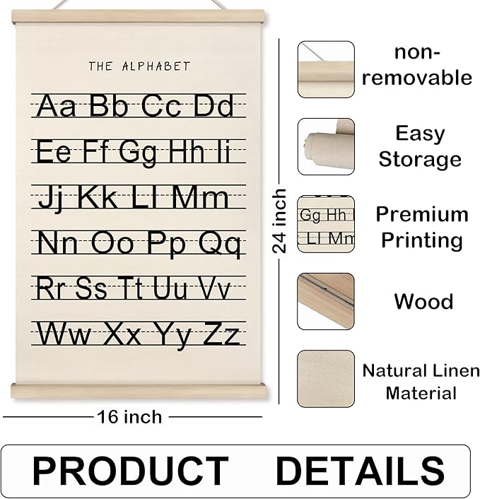 HRQKO Alphabet Numbers Poster Hanger Frame Set of 2, Nursery Wall Decor, Black ABC Poster Wall Art with Wooden Frames, Alphabet Banner Wall Hanging Decor for Boy Toddler Room Playroom, 16x24 inch