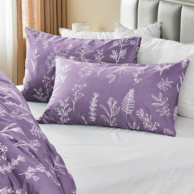 MUXHOMO Duvet Cover Full Size, Reversible Floral Grayish Purple Duvet Cover Set with Zipper Closure, 3 Pieces Botanical Patterns Soft Microfiber Bedding Set with 4 Ties (80"x90", 2 Pillow Cases)