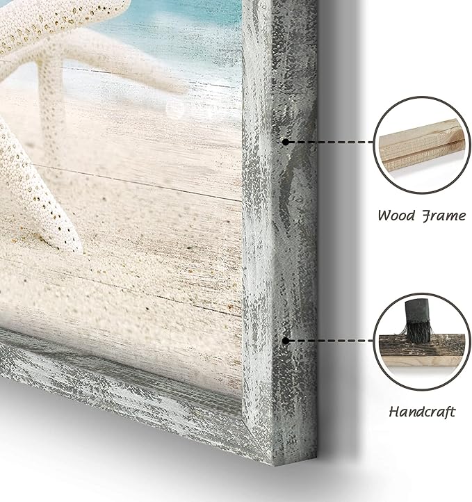 Ocean Pictures Wooden Wall Art: Beach Artwork Framed Home Decor Set of 3 Seascape Pathway Surfboard Starfish Collection Prints for Bedroom