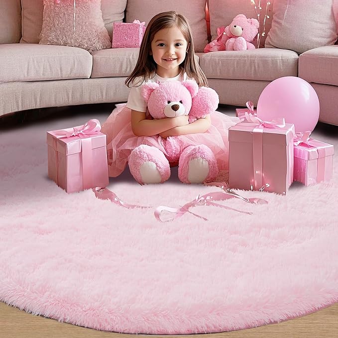 Round Fluffy Pink Rug 4x4ft: Ultra Soft Furry Girls Bedroom Carpet- Oval Plush Rug for Girls Room & Kids Room, Nursery (4ft, Pink)