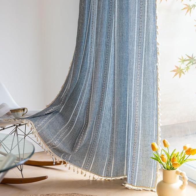 Deeprove Blue Boho Sheer Linen Curtains 72 inches Length for Bedroom Living Room Dining Nursery Closet, Denim Jean Semi Sheer Curtains Darkening Embroidery Drape Window Treatment, 1 Panel W52 x L72