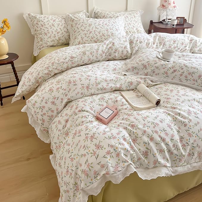 Girls Floral Ruffle Bedding Pink Flower Duvet Cover Queen Romantic Princess Lace Comforter Cover Cotton Boho Floral Duvet Cover Cute Botanical Flower Comforter Cover Ruffled Cottagecore Bedding Set