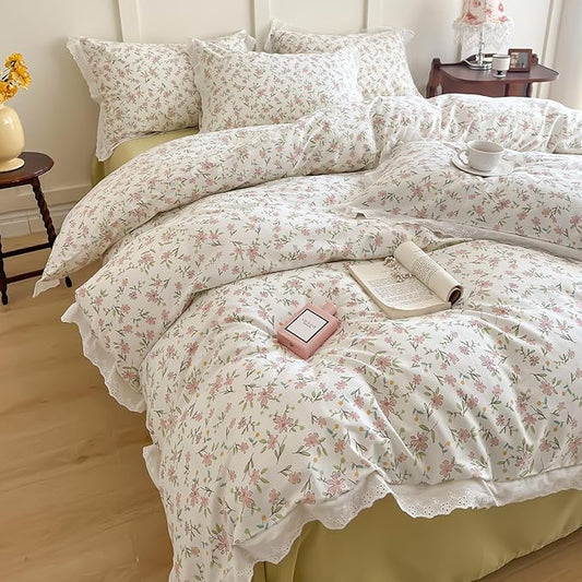 LifeTB Ruffle Duvet Cover Twin 100% Cotton Pink Flower Duvet Cover Girls Princess Lace Bedding Set Vintage Floral Botanical Comforter Cover with Chic White Ruffle Lace Cute Floral Bedding Set Twin