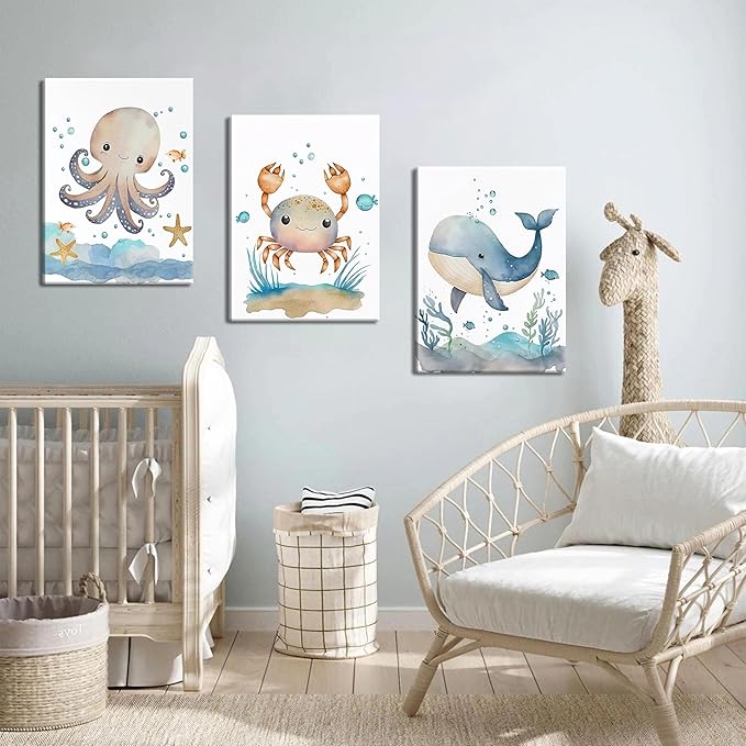 Ocean Nursery Wall Art Set of 3, Sea Animal Baby Boys Room Canvas Wall Decor Paintings, Watercolor Ocean Kids Nursery Posters Prints Pictures for Boys and Girls Room, Bedroom 12x16 Inch Framed