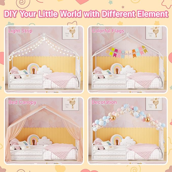 Weehom Twin Montessori House Bed for Kids with Storage Caddy and Pegboard, Floor Bed for Toddlers Boys Girls, No Box Spring Needed White