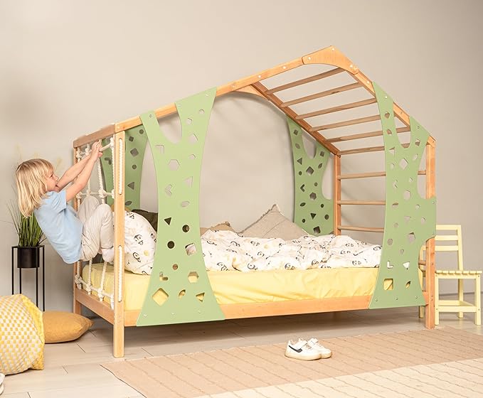 BUSYWOOD Montessori Bed for Toddlers - Kids Twin Bed - Wood Bed Frame - Kids Climbing Gym - Twin Bed Frames for Kids - Monkey Bed with Legs and Slats