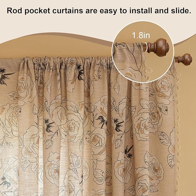 OYX Boho Floral Semi-Blackout Curtains for Bedroom, 2 Panels 52x96 Inches, Grey Rose Vintage Country Pattern with Tassels, Rod Pocket Design, Farmhouse Window Treatments