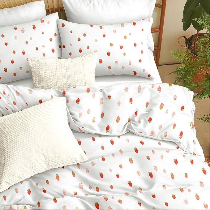Strawberry Duvet Cover Queen Size Cute Pink Strawberry Bedding Set 3 Pcs Kids Boys Girls Kawaii Cream White Strawberries Soft Breathable Microfiber Comforter Cover with Zipper Closure