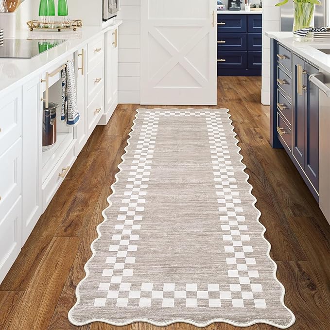 GarveeHome Hallway Runner Rug 2x6 Non Slip Scalloped Washable Rug for Kitchen Entry Stain Resistant Modern Border Throw Floor Carpet Long Runner Mat for Bathroom Living Room Bedside, Fog