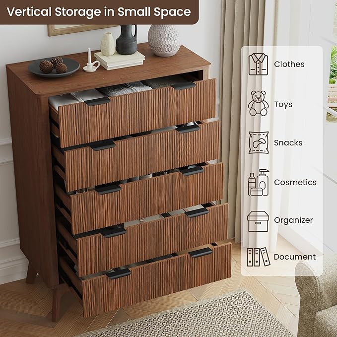 SUNWAVE Fluted 5 Drawer Dresser for Bedroom, 43.3" Tall Dressers with Round Corner, Mid-Century Modern Wood Chest for Living Room, Entry