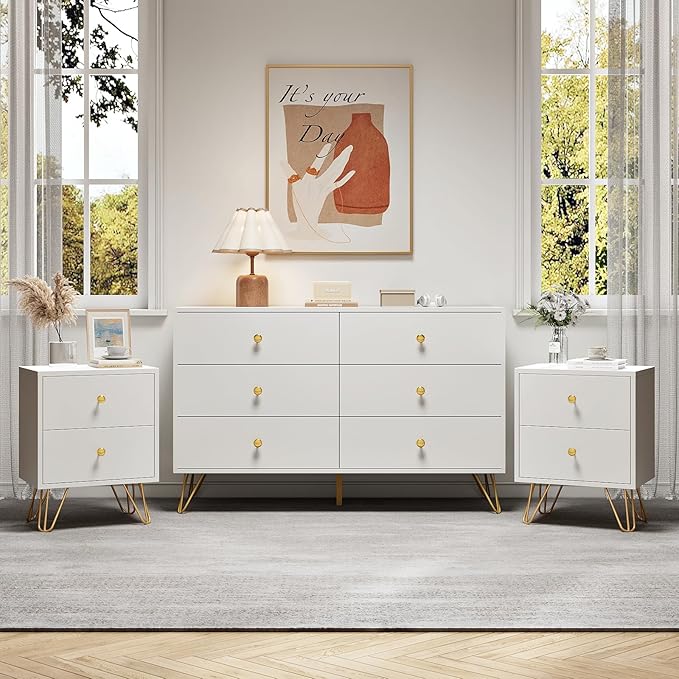 White Dresser for Bedroom, 6 Drawer Dresser with Golden Handles, Large Storage Cabinet, Modern Chest of Drawers Organizer Storage for Hallyway, Entryway